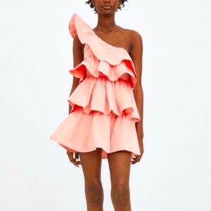 Zara Limited Edition Assymetrical Pink Tiered Ruffle Mini Dress